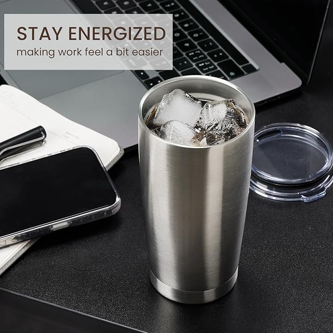 MEWAY 20oz Tumbler 8 Pack Double Wall Vacuum Insulated Travel Mug Bulk, Stainless Steel Tumblers with Lid and Straw, Durable Powder Coated Coffee Cups for Cold & Hot Drinks (Silver, 8)