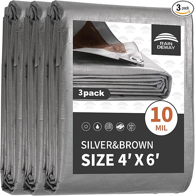 Small Tarps Heavy Duty Waterproof 4x6 Feet (3 Pack), 10Mil Multipurpose Poly Tarp Cover with Metal Grommets and Reinforced Edges, Silver/Brown Tarp by RAINDEWAY
