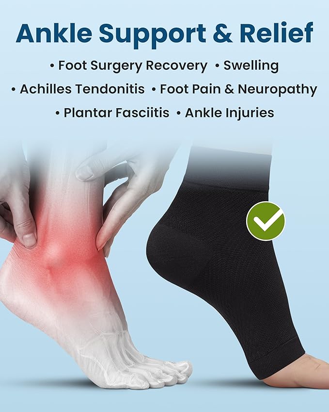 KEMFORD Ankle Compression Sleeve with Cooling Effect - Plantar Fasciitis Braces - Open Toe Compression Socks for Swelling, Sprain, Neuropathy, Arch Support for Men and Women - L, Black