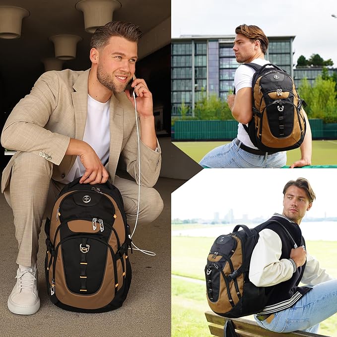 Swissdigital Design Laptop Backpack with USB Charging Port, TSA Travel Backpack Fits 15.6 inches Computer, 31L College School Backpack for Men, Tan/Black | SD803