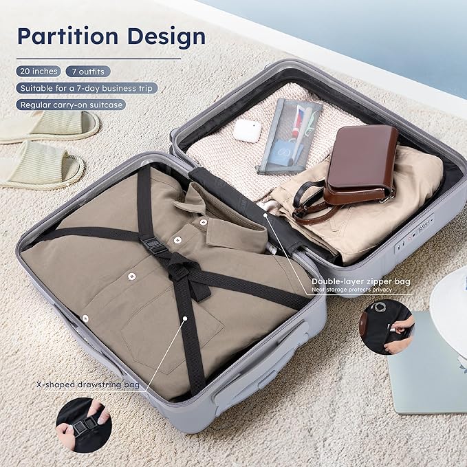 20-inch Carry On Luggage Airline Approved - PC+ABS Lightweight Suitcase with Built-in TSA Lock，Hard-shell Durable Rolling Luggage with USB Port