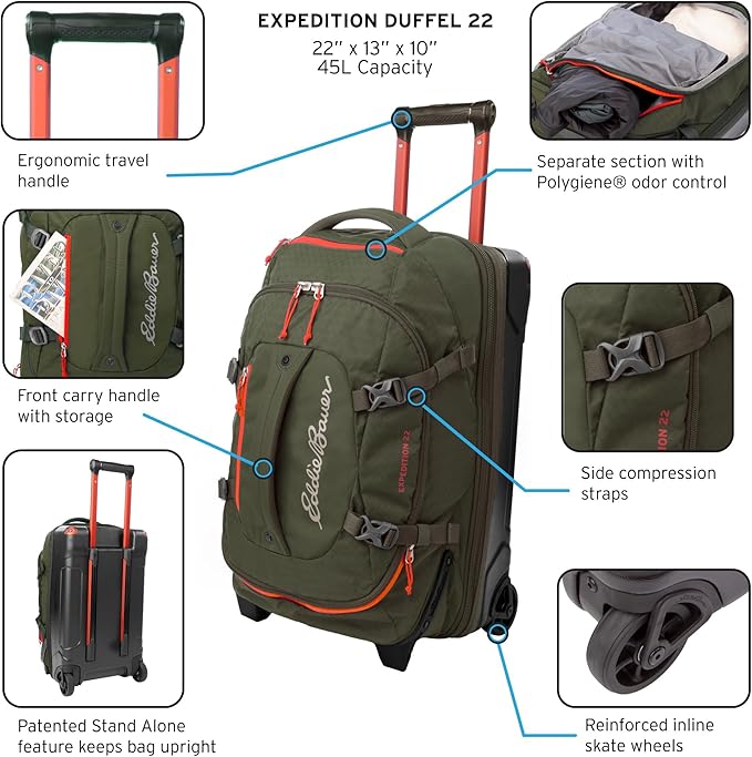 Eddie Bauer Expedition Rolling Duffel Bag with Wheels | Travel | Carry-On | Luggage | Rugged | Durable - True Blue, 22"