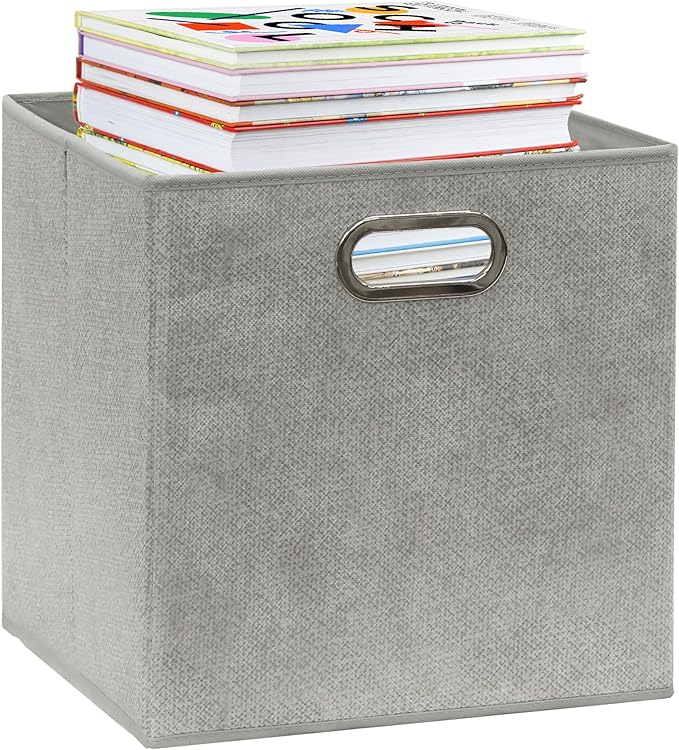 SIMPLE HOUSEWARE 11-Inch Collapsible Fabric Cube Storage Bin with Handles, Printed Design, 6 Pack, Gray