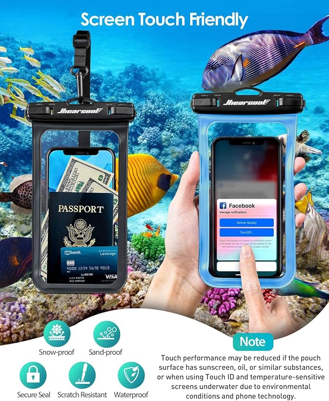 Hiearcool Waterproof Phone Pouch, Waterproof Beach Bag Compatible for iPhone 16 15 14 13 Pro Max, IPX8 Cellphone Travel Essentials for Beach -Black & Sky Blue-2Pack