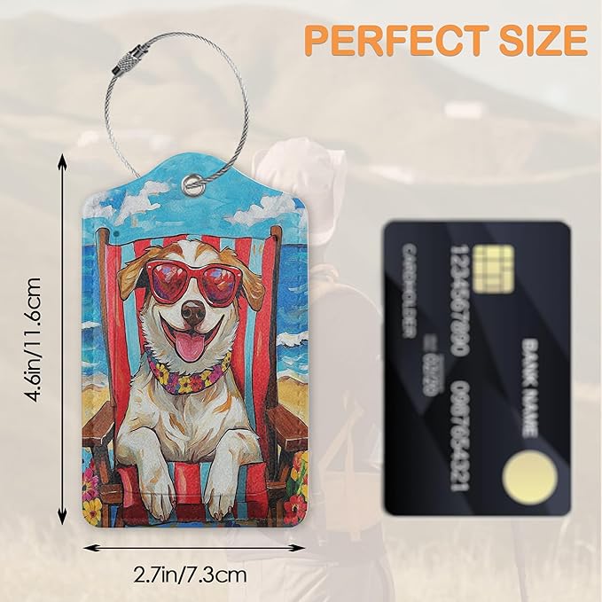 Funny Dog Summer 3 Pack PU Leahter Luggage Tag with Stainless Steel Loop, Cool Dog at The Beach Travel Suitcase Labels with Privacy Cover ID Label Quickly Spot for Bags