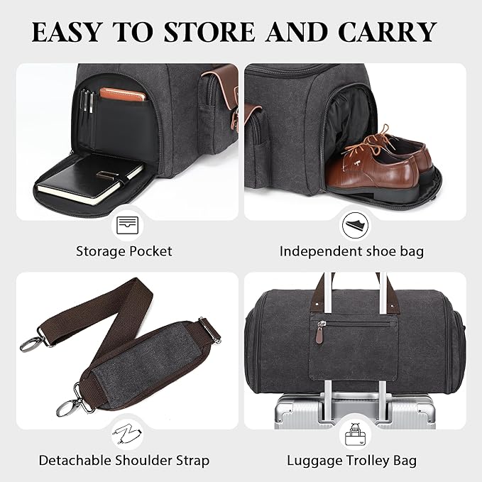 Canvas Garment Bags for Travel, Convertible Carry On Garment Duffel Bag for Men Women, 2 in 1 Suit Bag Hanging Suitcase Business Travel Bag with Shoe Compartment (Grey, XL)