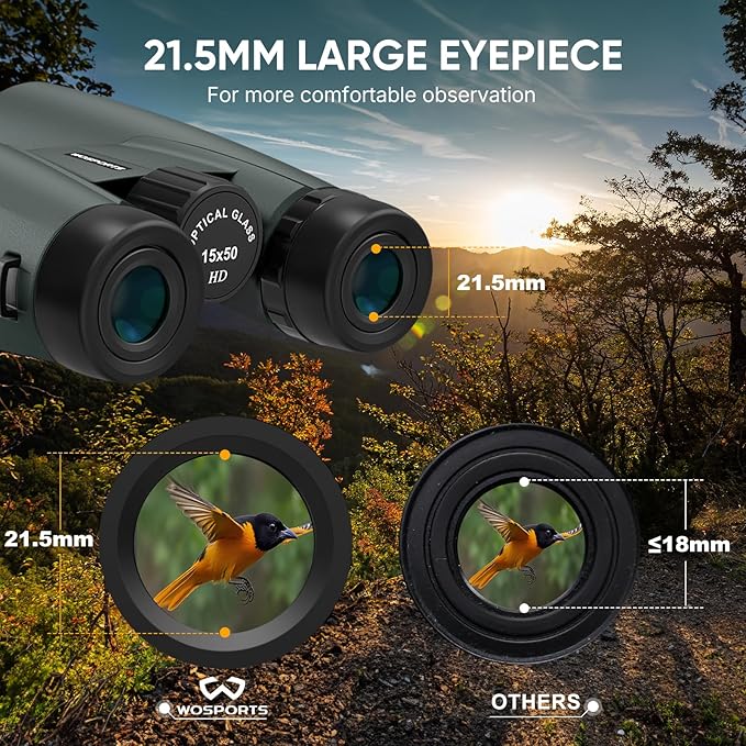 WOSPORTS 15x50 Binoculars for Adults High Powered - 21.5mm Large Eyepiece Binoculars for Bird Watching, Cruise Ship, Hunting, Travel