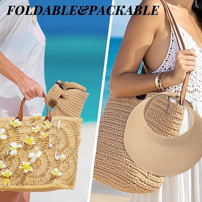 Sun Hats for Women Straw Beach Hat Wide Brim Sun Visor Summer Hat Packable Floppy Beach Vacation Essentials Green