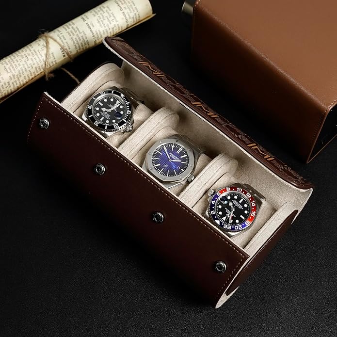 MOZSLY Watch Roll Travel Case 3 Slots Portable Watches Box Organizer Storage Holder Pattern PU Leather