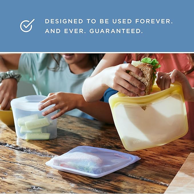 Stasher Premium Silicone Reusable Food Storage Pocket 2-Pack, Clear + Deep Ocean, Multi-Use Food Storage Bags, Lunch Bag, Travel Containers, BPA Free, Leak-free, Dishwasher-Safe, Eco-friendly, 4 Oz
