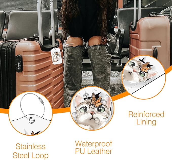 2 Pack Luggage Tag for Suitcase Cat and Butterfly in Hole Leather Travel Cruise Luggage Tag with Stainless Steel Loop Name ID Label Privacy Cover for Adults Teens Travel Bag Labels Set