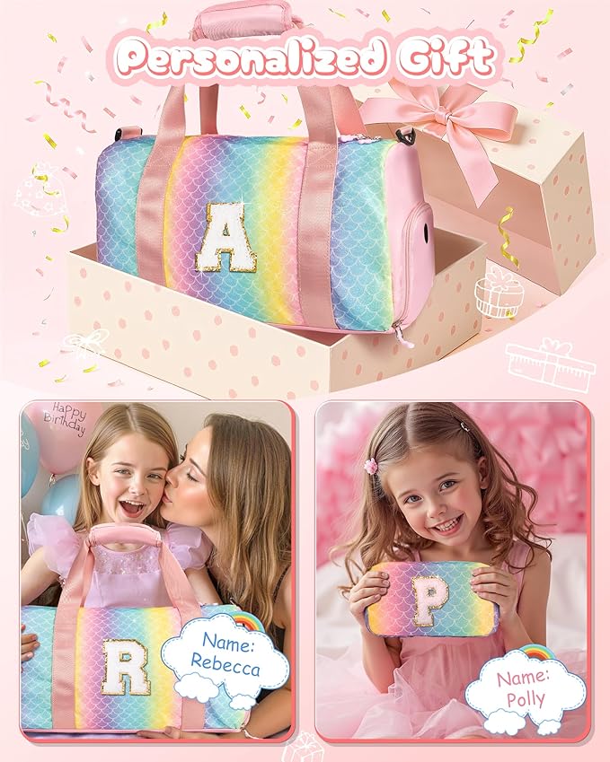 Easter Gifts for Teens Girls-Girl Gym Bag with Shoe Compartment, Kid Personalized Weekender Overnight Bags, Initial Travel Tote with Makeup Pouch, Gift for 3 4 5 6 7 Year Old Kids (Letter T)