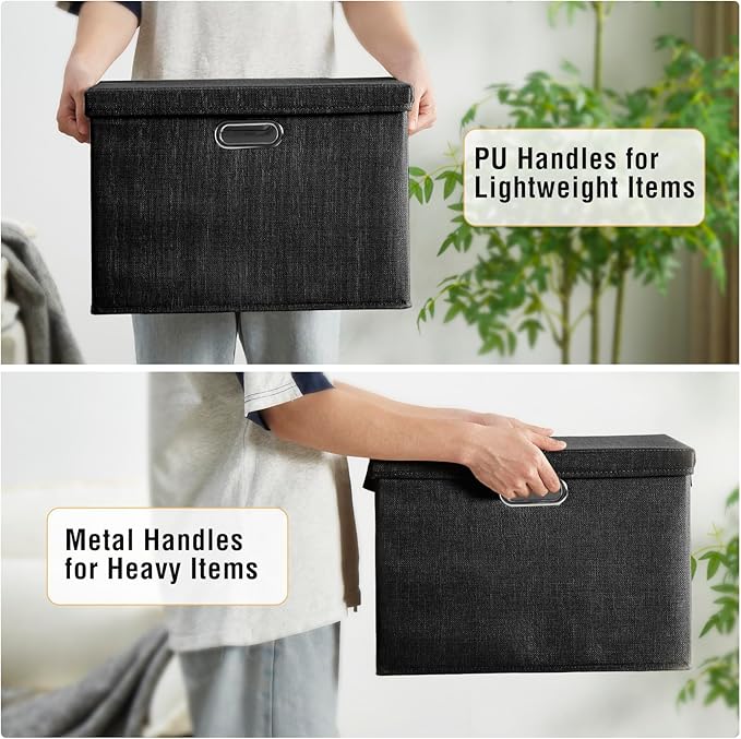 17" Large Collapsible Storage Bins with Lids, Stackable Closet Organizers with PU Handle and Labels, 3-Pack Decorative Fabric Storage Boxes for Home, Bedroom, Closet, Office, Nursery(Black)