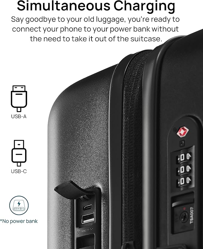 Carry on Luggage 22 X 14 X 9 Airline Approved, 20 Inch Luggage for 3-5 Days Travel, Double Spinner Wheels, 100% Hardshell PC, TSA Lock (11-Pirate Black (USB Port), Checked 24-Inch)