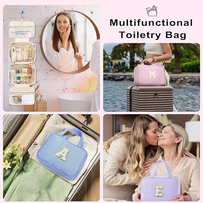 TOPEAST Hanging Toiletry Bag for Women - Travel Toiletry Bag Makeup Bag, Portable Toiletries Cosmetic Bag, Airplane Travel Essentials - Letter W, Purple