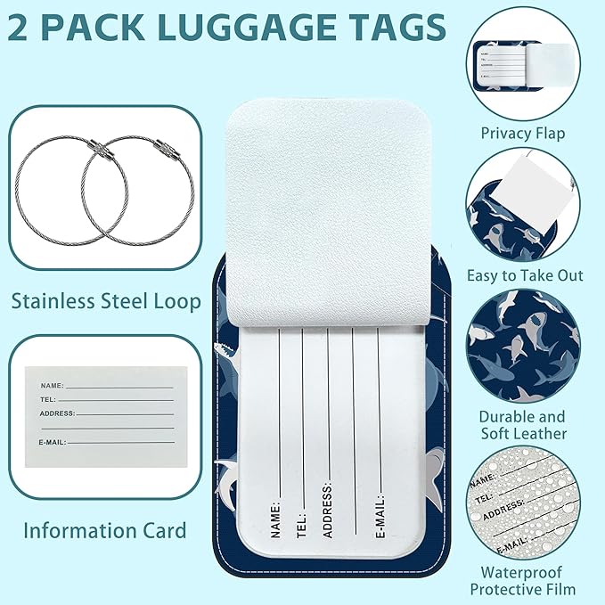 2 Pack Cute Luggage Tag for Suitcases Shark Set Leather Luggage Tags with Stainless Steel Loop Privacy Flap Name Tags,Men and Women Travel Bag Suitcase Tags