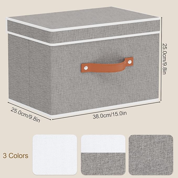 Collapsible Storage Bins with Lids, 1 Pack Linen Foldable Cloth Baskets, 15 x 9.8 x 9.8 Inch Closet Organizer Containers with Double Handles, Sweater Boxes for Bedroom, Grey