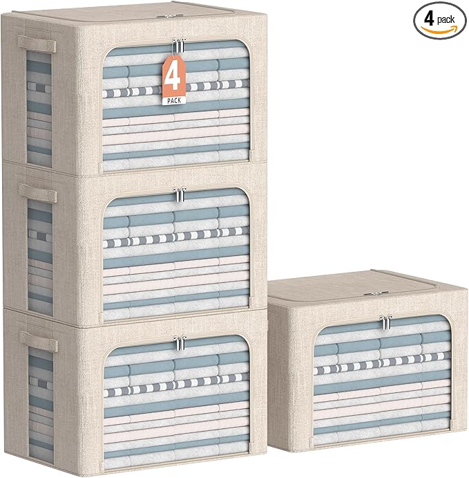 4 Pack Clothes Storage Bins with Metal Frame - Linen Fabric Foldable Stackable Container Organizer Set with Clear Window & Carry Handles & Zippers (Beige, 19.7"x15.7"x13")