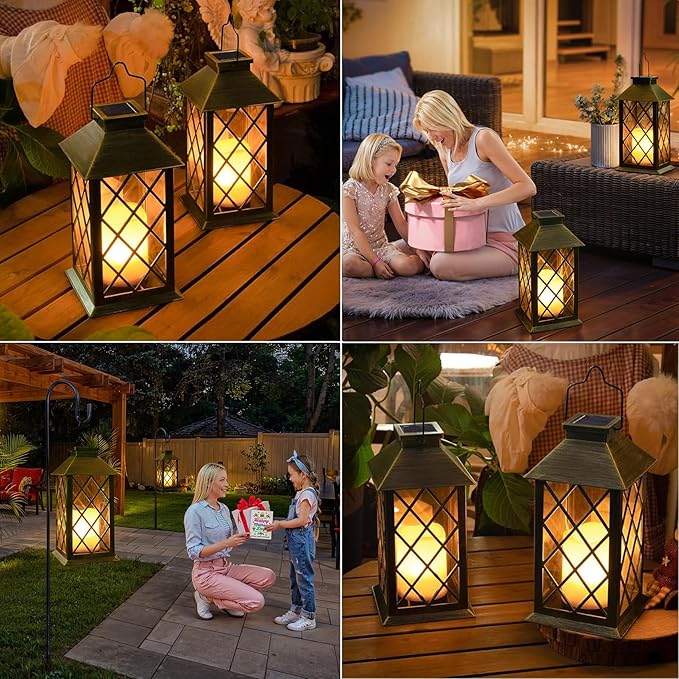 TAKE ME 14" Solar Lanterns Outdoor Waterproof Garden Lanterns Large Flickering Flameless Candle Mission Lights for Table,Outdoor,Party Mothers Day Gifts ( 2 Packs Bronze-Green Color)