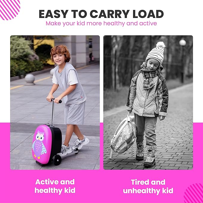 Owl Kids Scooter Suitcase - Folding Kids Luggage with Wheels - Multifunctional Ride on Luggage Travel suitcase with Strong Grip, Easy Locks and Zippers – Capacity to Hold 110LB