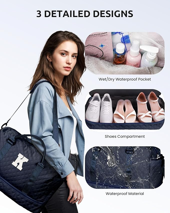 Gifts for Friends - Initial Duffle with Shoe Compartment, Personalized Weekender, Monogram Overnight, Travel Bag with Makeup Bag, Birthday Gift for Daughter/Sister (Letter I)