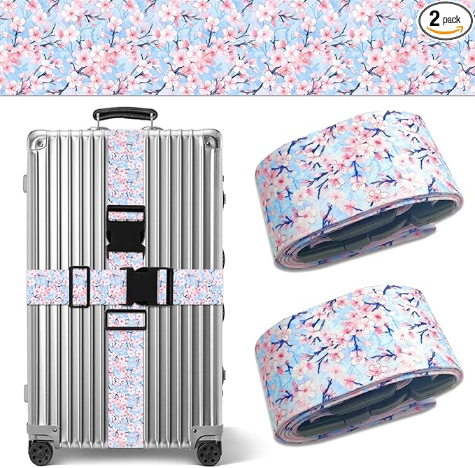 Cherry Blossoms Luggage Straps for Suitcases TSA Approved, Luggage Identifiers for Suitcase, Adjustable Suitcase Strap for Baggage Security with Cute Patten, Travel Necessary Accessories (2Pack)