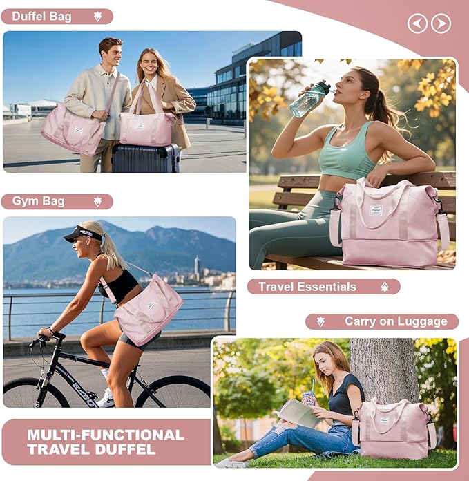 Travel Duffel Bag, Sports Tote Gym Bag, Shoulder Weekender Overnight Bag for Women