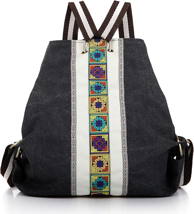 Goodhan Women Canvas Backpack Daypack Casual Shoulder Bag, Vintage Heavy-duty Anti-theft Travel Backpack Grey Black 2