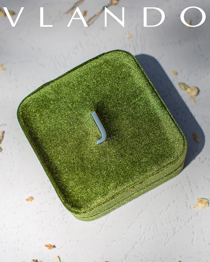 Vlando Plush Velvet Travel Jewelry Case, Personalized Initial Jewelry Boxes for Women Girls, Mini Jewelry Travel Organizer Travel Essentials for Birthday Gifts - Letter J, Green