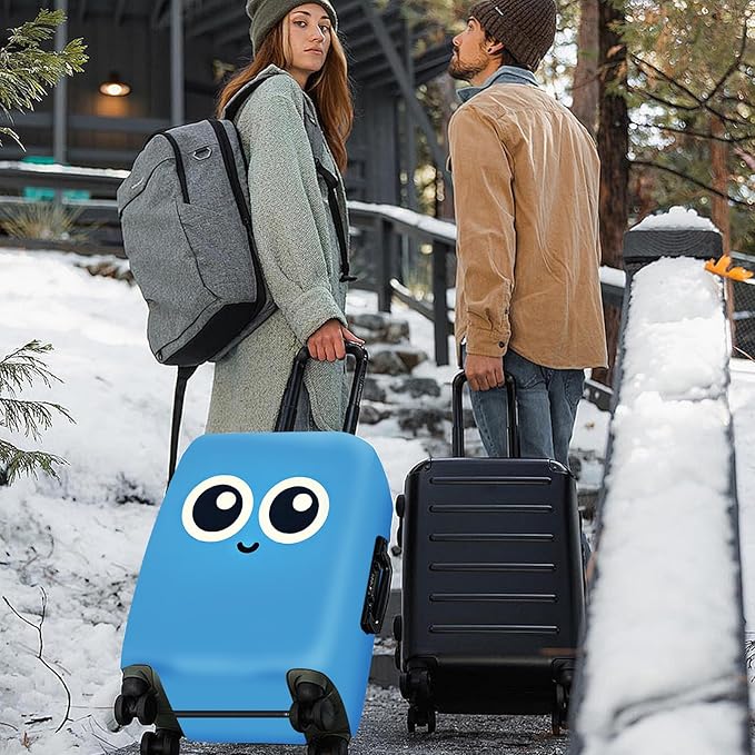ANNA QUEEN Cute Smiley Face Luggage Cover, Blue Cartoon Suitcase Protector with Big Eyes Design, Stretchable, Washable Travel Cover for 24-26 Inch Luggage