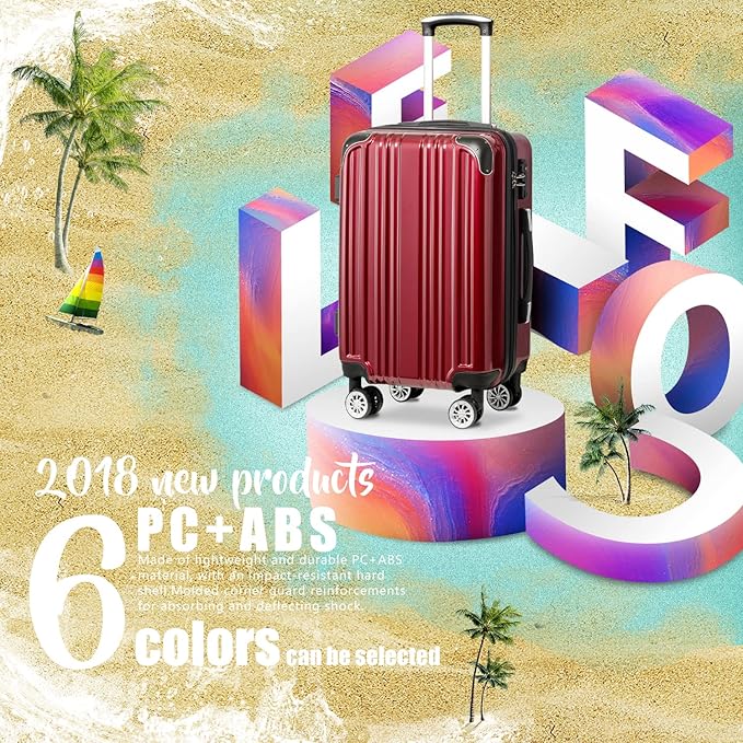 Coolife Luggage Expandable(only 28") Suitcase PC+ABS Spinner 20in 24in 28in Carry on (wine wind new, L(28in))