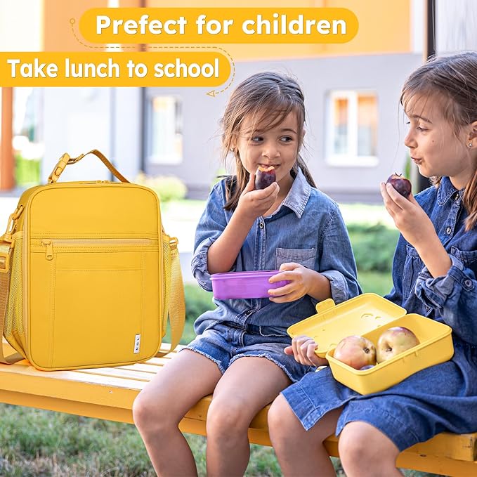 NOL Nylon Waterproof Kids Lunch Bag, Insulated Lunch Bag, Lunch box Cooler, Reusable, Zip Closure with Buckle Handle Holds Lunch Box, Snacks & Water Bottle for School Work, Earth-yellow