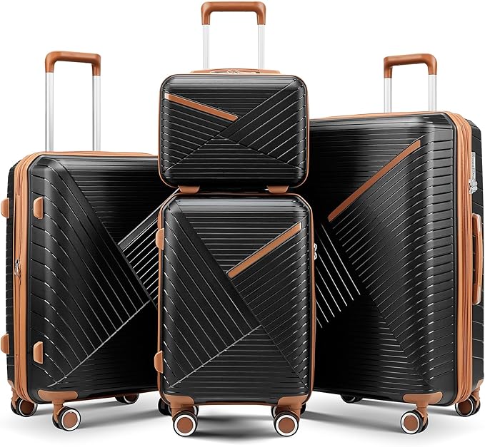 Campfun Luggage 4 Piece Sets, Expandable Carry On Luggage Set Hardshell PP, Suitcase Set with Double Spinner Wheels, Checked Durable Lightweight with TSA Lock, 14in 20in 24in 28in-Black Brown(B)