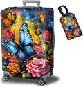 Suitcase Protector Plus 1 Luggage Tag, Colorful Rose Butterfly Travel Cover for 26-28 inch Luggage with Concealed Zipper Washable Elastic Cloth Dustproof Anti-Scratch