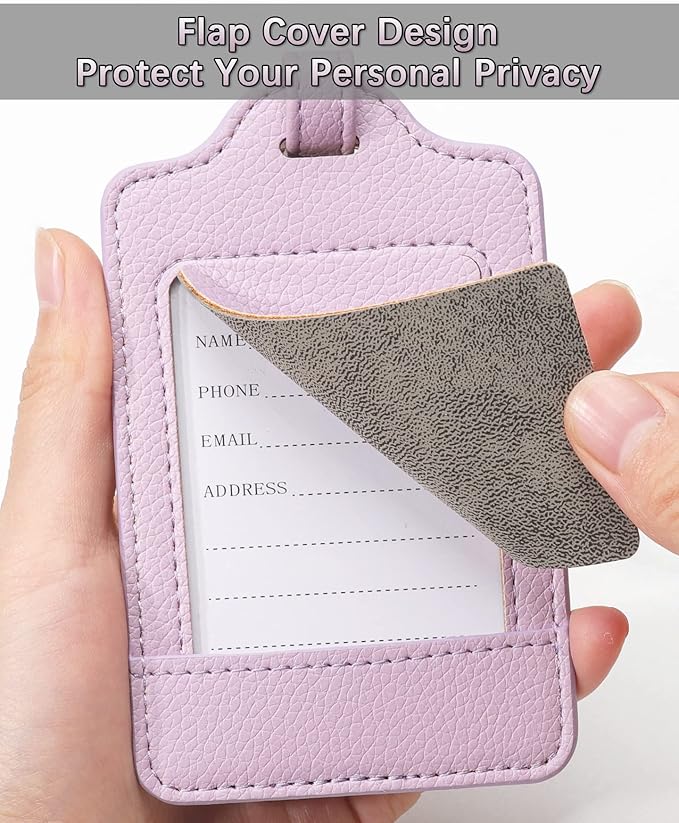 Teskyer Luggage Tags, 3 Pack Premium PU Leather Luggage Tags for Suitcases, Privacy Protection Travel Bag Tags, Lichee Lilac