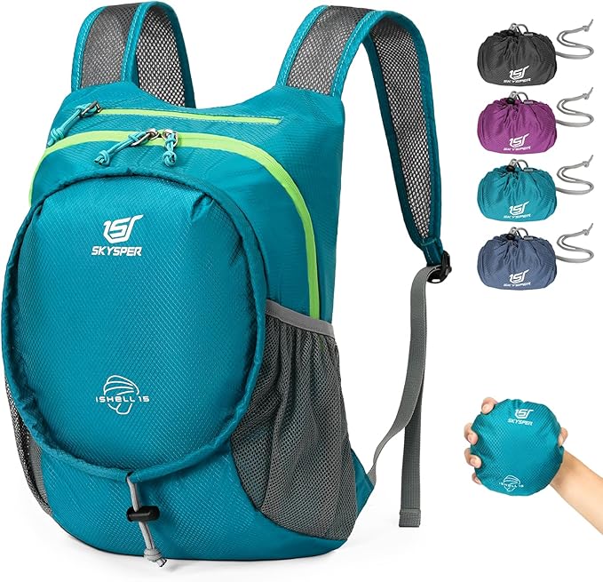 SKYSPER 15L Lightweight Small Hiking Backpack for Women Men, Foldable Travel Daypack, Packable Camping Backpack, Mini Outdoor Hiking Bag (Cyan)