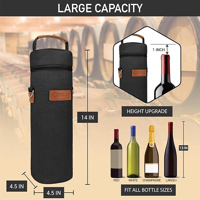 opux Wine Bag Single Bottle Carrier Tote, Insulated Wine Cooler Bag for Travel Picnic Beach with Shoulder Strap, Thermal One Bottle Holder Carrying Case Wine Gift for Women Men, Black