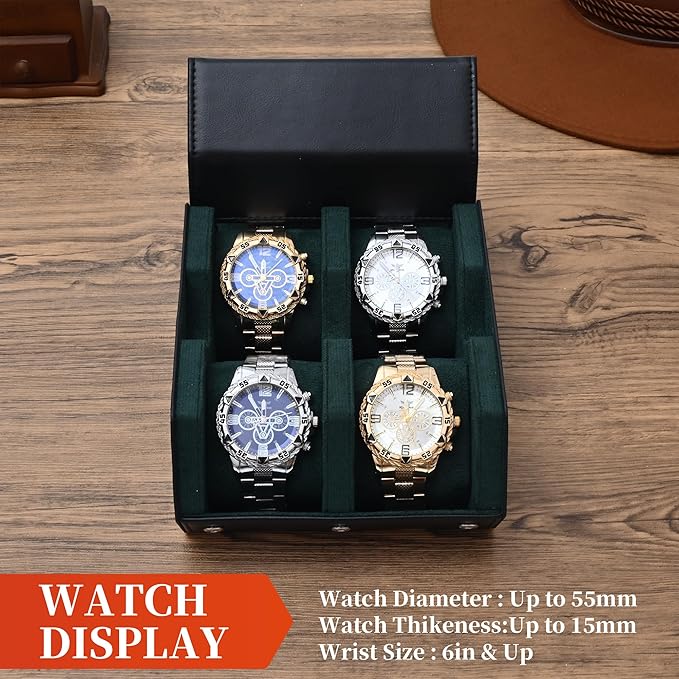 Watch Roll Travel Case for 4 Watchs Storage and Organizer-Secure Storage with Innovative Slide Pillows & Solid Dividers for Home Storage, Protect and Display