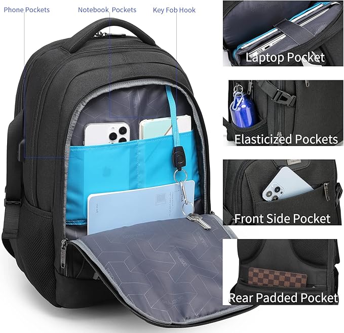 DUSLANG Travel Work Laptop Backpack With USB Charging Charger Port Fits 15.6 Inch Notebook Business Anti Theft College Computer Bag Back Pack for Women Men with Rain Cover - Black