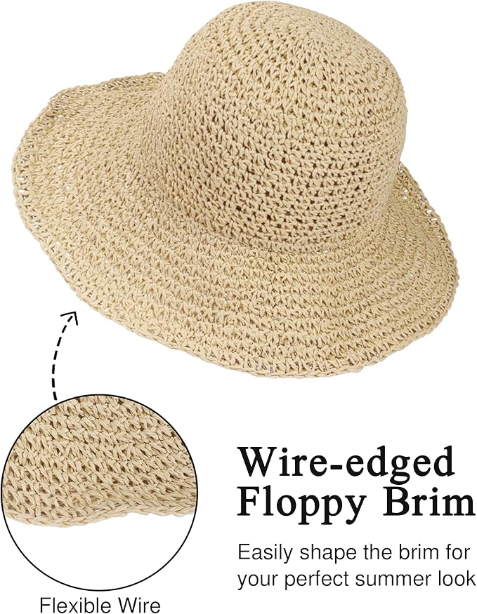 Womens Wide Brim Straw Sun Hat Foldable Floppy Crochet Beach Hat for Summer