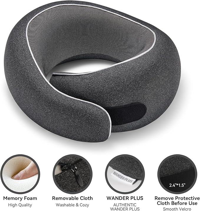 WANDER PLUS® Travel Pillow, 100% Pure Memory Foam Travel Neck Pillow Airplane Neck Support Ergonomic Design Best for Sleeping Plane Car Train Office Flight for Adults Grey