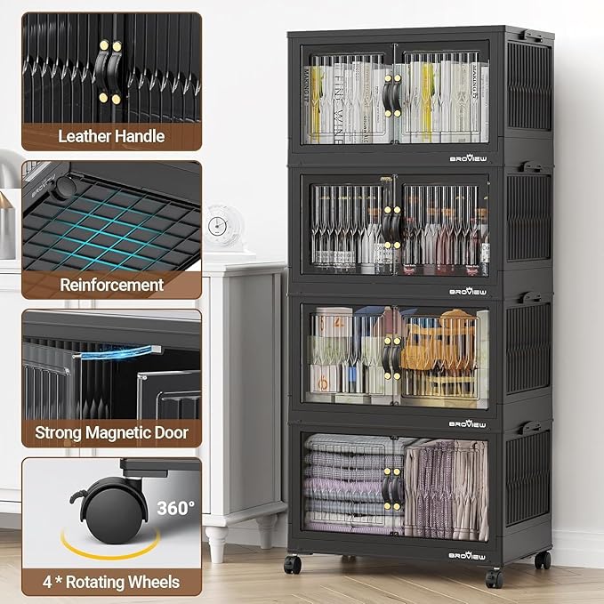 BROVIEW 320Qt Stackable Storage Bins with Lid, Extra Large Closet Organizer Collapsible Drawer Boxes with Wheels, Folding Plastic Cabinet Containers for Home Kitchen Room Organization, 4Pack Black