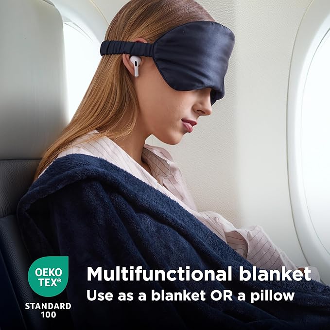 Bedsure Travel Blanket Airplane Compact with Storage Bag, Packable Blanket with Eye Mask, Lightweight 2-in-1 Travel Essentials, Functioned as Pillow for Airplane Comfort and Warmth, Navy