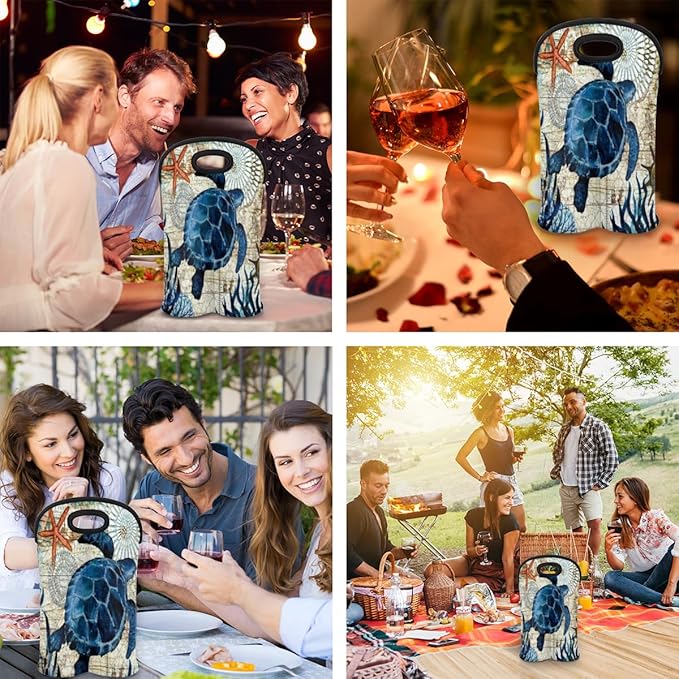 Vintage Sea Turtle 2 Bottle Wine Carrier Tote Bag Insulated Neoprene Portable Wine Cooler for Travel Picnic Beach