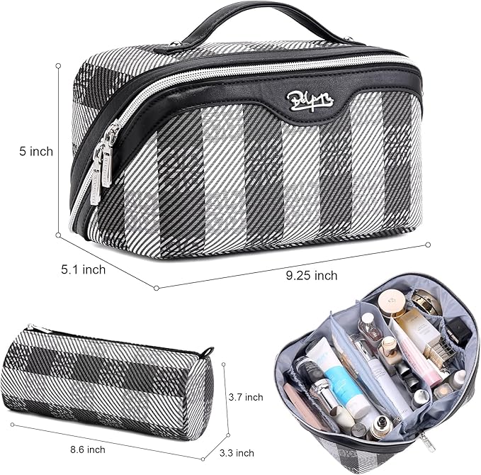 BOYATU Makeup Bag Travel Cosmetic Bag: 3 Pcs Set Portable Make up Bags for Women with Handle - Waterproof Vegan Leather Toiletry Organizer Bags with Comparments (F-01-Black)