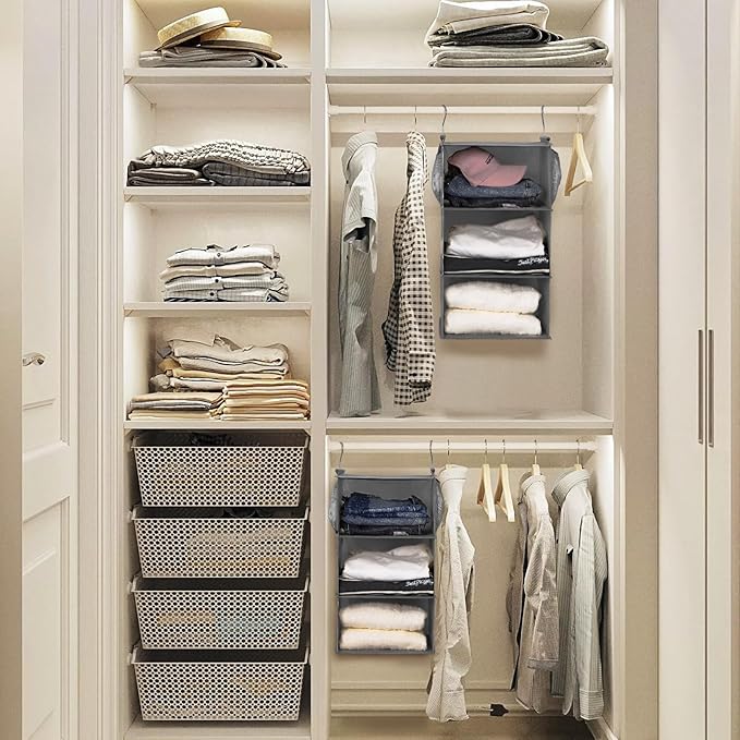 MAX Houser 3 Tier Shelf Hanging Closet Organizer, Space Saver,Closet Hanging Shelf with 2 Sturdy Hooks for Storage, Foldable (Grey)