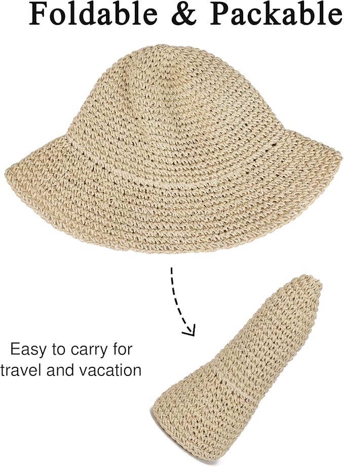 Womens Wide Brim Straw Sun Hat Foldable Floppy Crochet Beach Hat for Summer