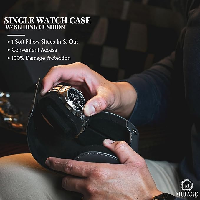 Single Watch Roll Case Watch Travel Case Box 1 Watch Display Case Slate Gray Swiss Motif Design Vegan Leather