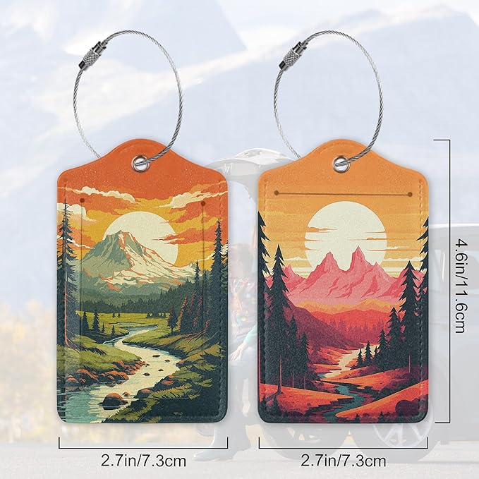 Vintage Mountain 2 Pack Luggage Tag for Suitcase, Cute Unique Leather Bag Tags Identifiers Privacy Cover ID Label with Durable Steel Loop for Women Men Kids Girls Travel