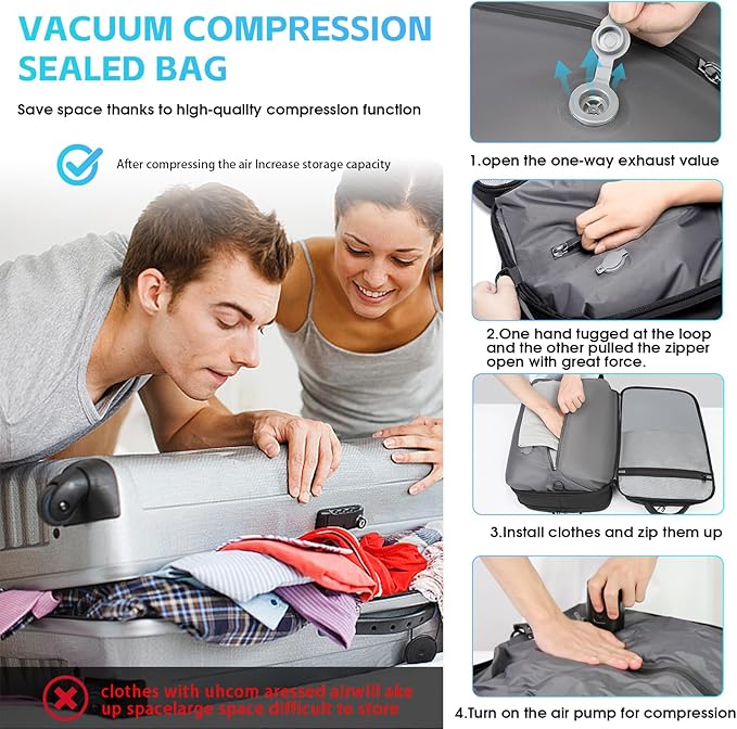 TANGCOLR Vacuum Travel Backpack with Pump for Men Women, 47L Expandable Vacpack Laptop Backpack Flight Approved with Vacuum Compression System